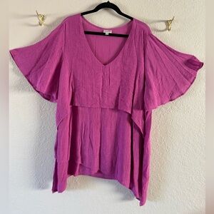 Avenue Deep Pink Gauzy Layered Look Short Flutter Sleeve Top Size 26/28 or 3X